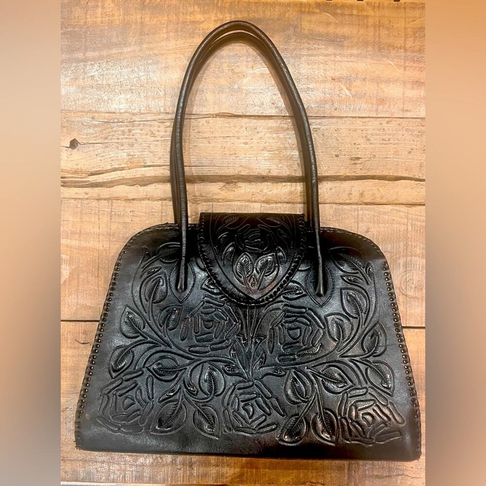 Alexis David Tooled Black Leather Handmade in Mexico Shoulder Bag EUC